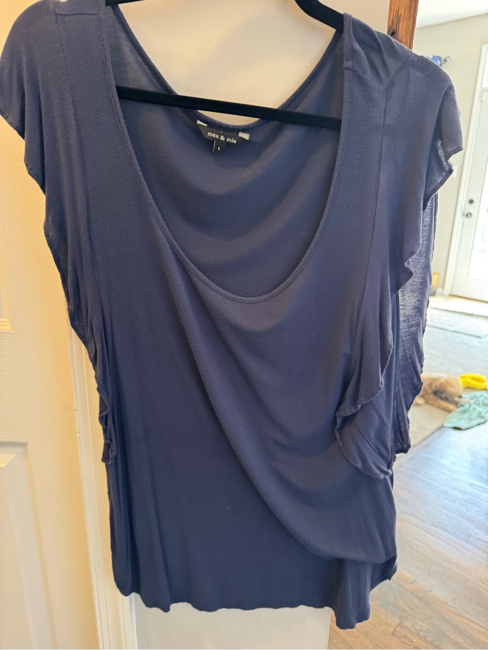 Max & Mia Navy Draped Cap-Sleeve Women's Top